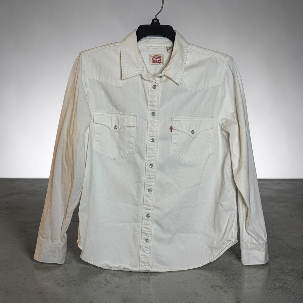 Levis Womens Western Shirt White Denim Pearl Snap Button Up Large